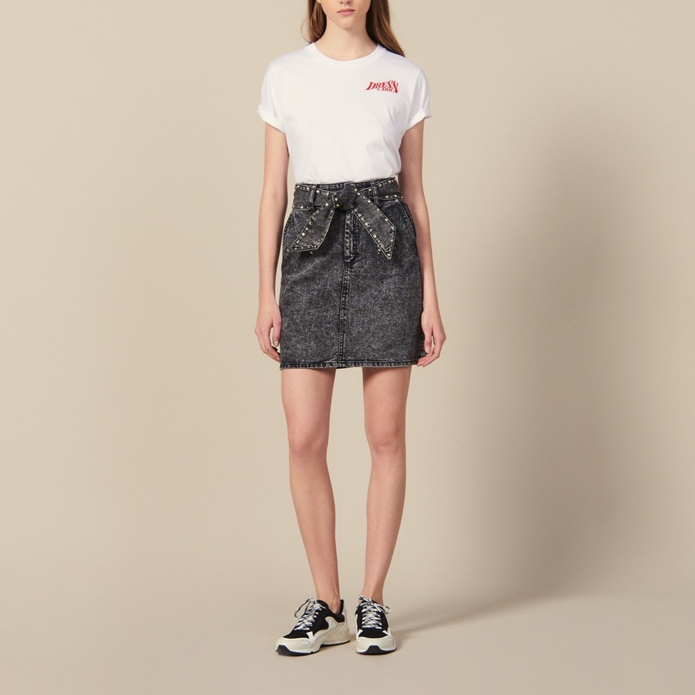 Sandro Charcoal Denim High Waisted Skirt with Belt - Picture 2 of 9